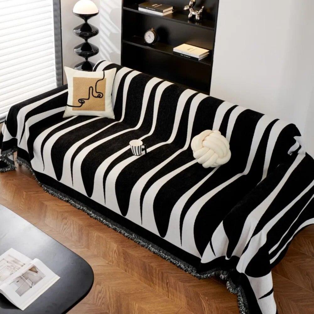 Black White Lines Couch Covers Luxury Sofa Cover Cloth Slipcover Non-Slip Cloth Sofa Cushion Blanket Decorative Dust Cover