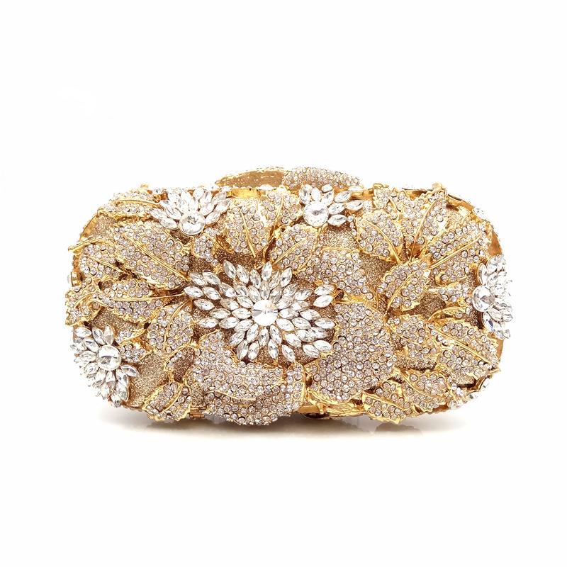 Floral Women Crystal Rhinestone Evening Bags Black Diamond Clutch Bag Wedding Bridal Clutches Gold Metal Handbag Purse Bags