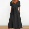 Женское летнее платье с плиссированным ремешком и V-образным вырезом с короткими рукавами, однотонное платье с карманами трапециевидной формы со свободным подолом, дышащее мягкое платье миди для свиданий