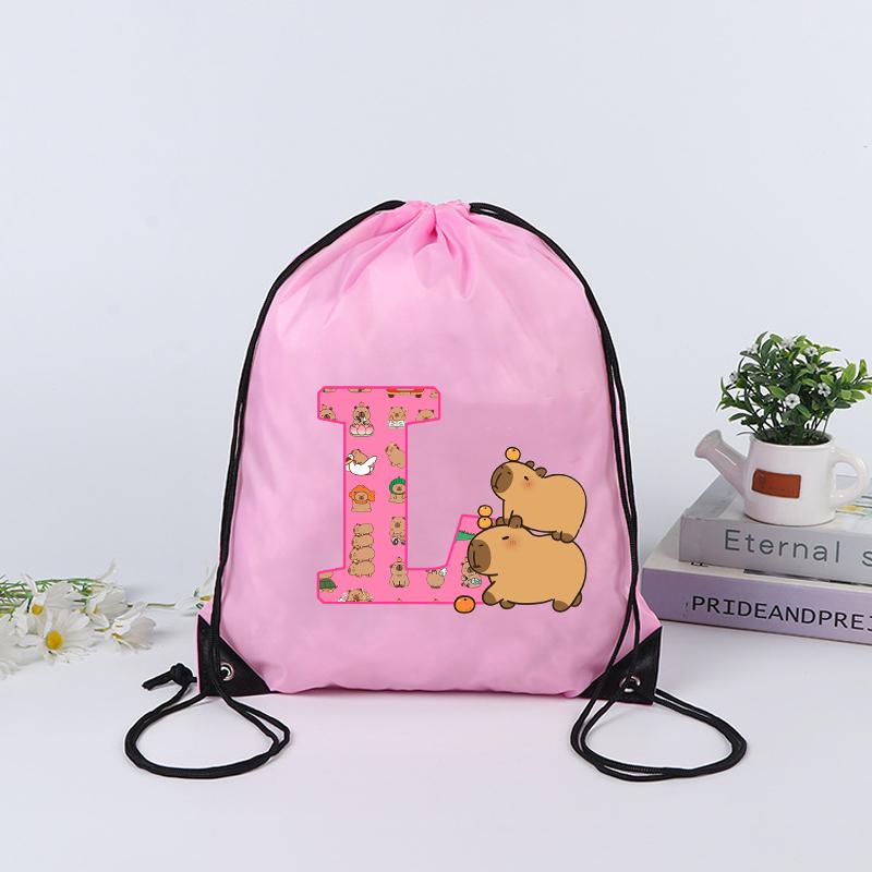 Capybara Drawstring Drawstring Backpack Cartoon Capibara Letter A-Z Print Tote Bag Kawaii Portable Large Capacity Storage Bags