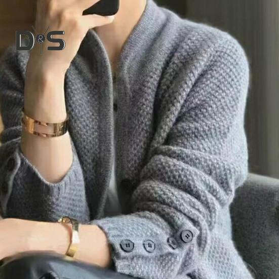 Женское зимнее пальто, трикотажное, утолщенное, однобортное, однотонное, с карманами, воротником-стойкой, теплым, с пуговицами, кардиганом, повседневная одежда, свитер, куртка для отдыха на природе