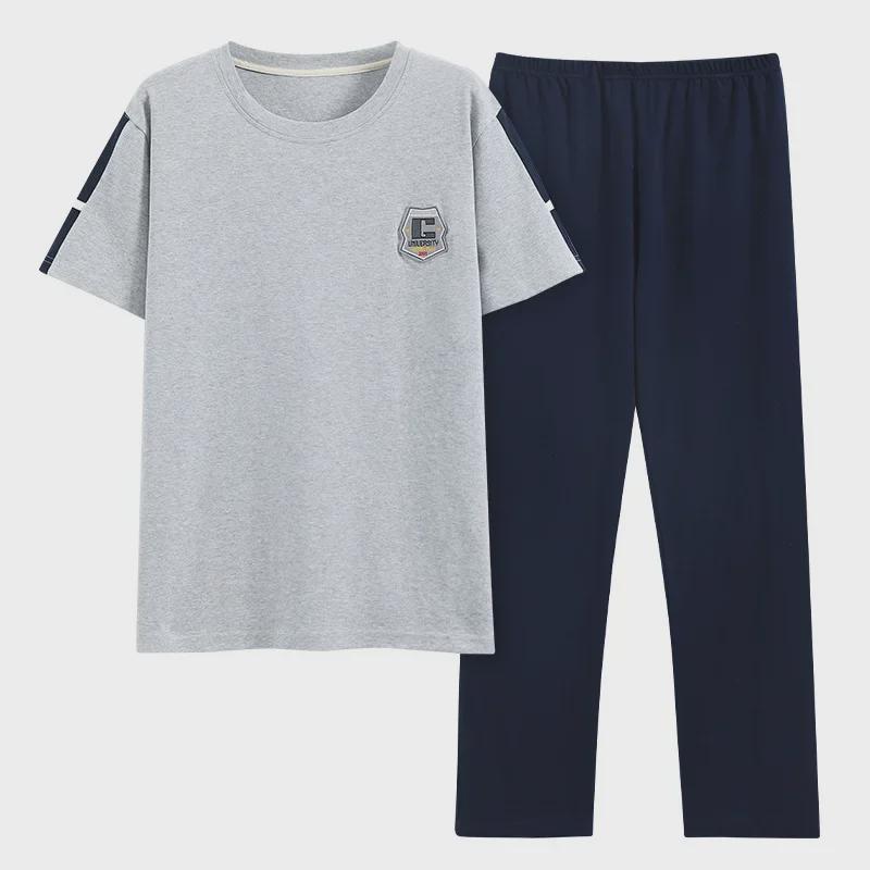 Men's Summer 2023 Cotton Pajama Set - Short-Sleeve Top & Trousers, Loose Fit, Large Sizes