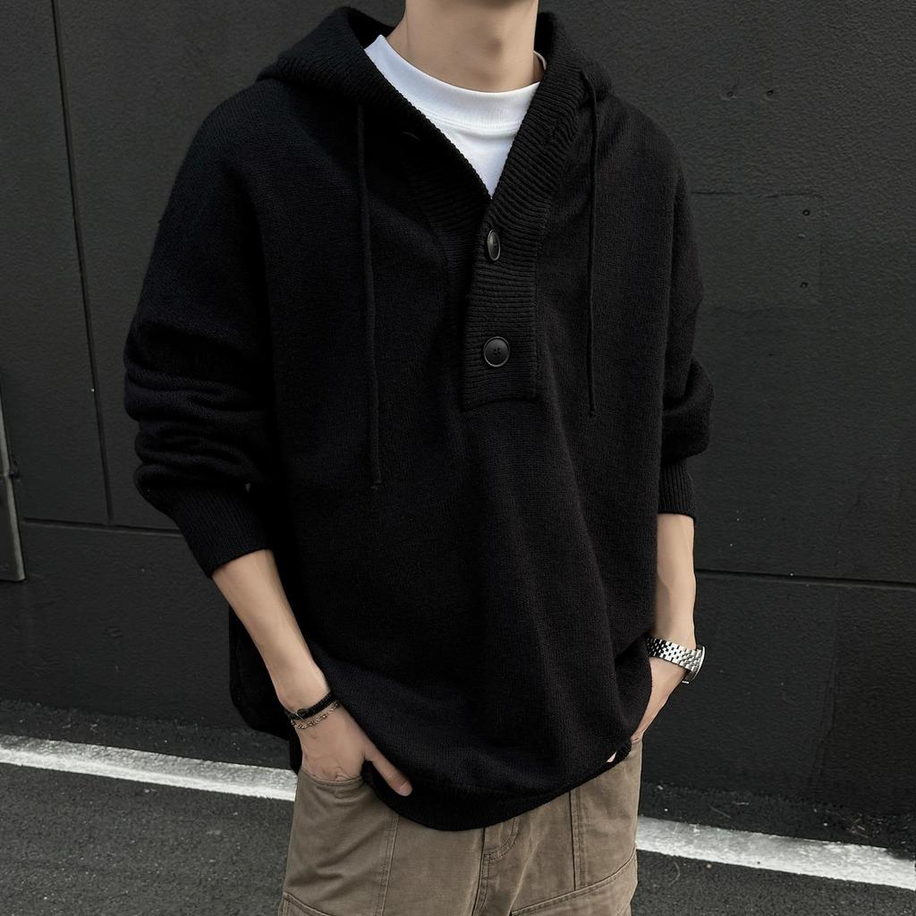 Men's Gray Hooded Knit Sweater - Retro Loose Fit Casual Autumn/Winter Outerwear
