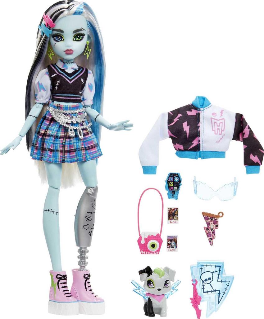 Monster High Poupée Frankie Stein Avec Accessoires Et Animal De Compagnie, Poupée Mode Articulée, Cheveux Méchés Noirs Et Bleus, Jouet Enfant, Dès 3 A