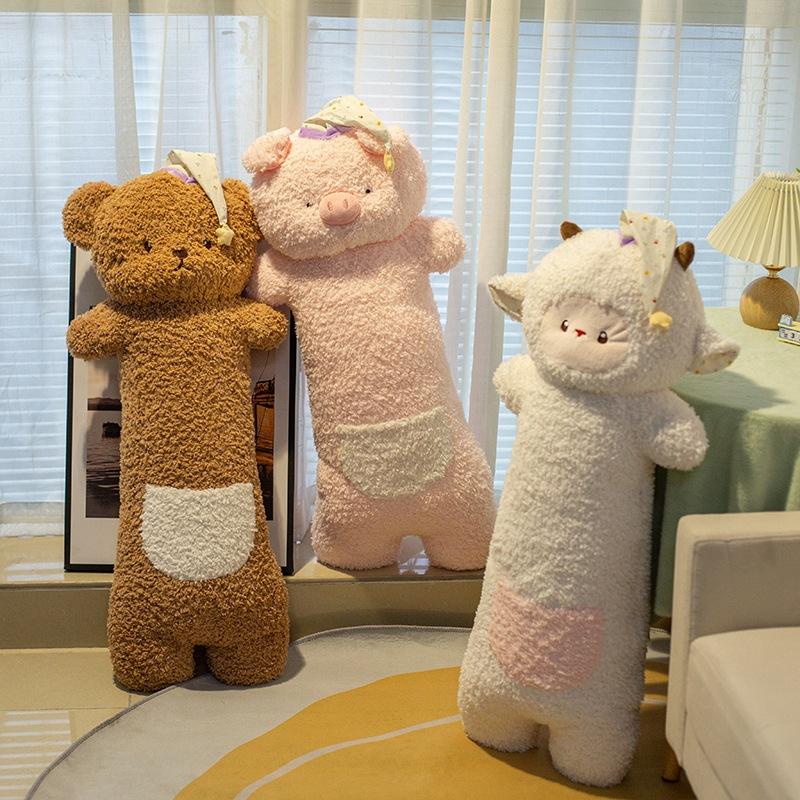 Cuddly Bear Pig Sheep Long Pillow Soft Curly Plush Huggable Animal Pillow Cushion Cute Comfortable Cozy Bed Companion Gifts