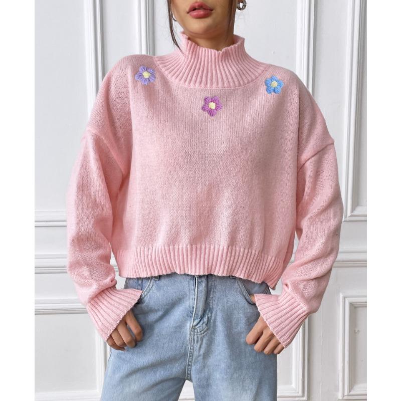 Женский короткий свитер с цветочным узором ручной вязки крючком на осень и зиму, повседневный свитер с высоким воротом
