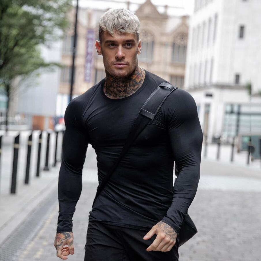 Muscleguys Футболка для бега, спортивная одежда, облегающие мужские компрессионные рубашки для фитнеса с длинными рукавами, быстросохнущие футболки для тренировок, одежда для спортзала