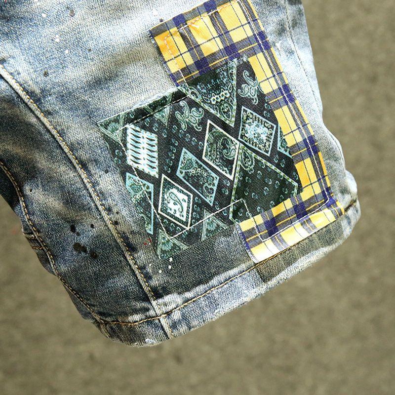 Мужские модные свободные джинсовые шорты с прямыми отверстиями, модные лоскутные летние рваные джинсовые шорты