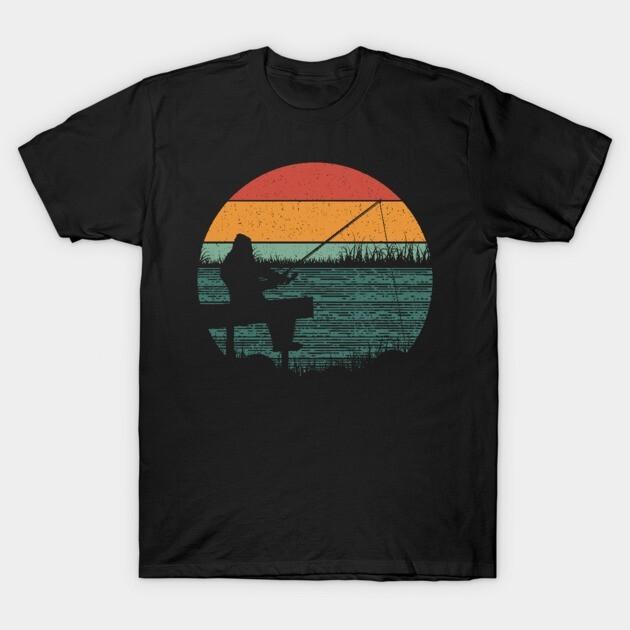 Retro Bigfoot Fishing Sunset Outdoor‑Angler Wilderness Unisex Cotton T‑Shirt