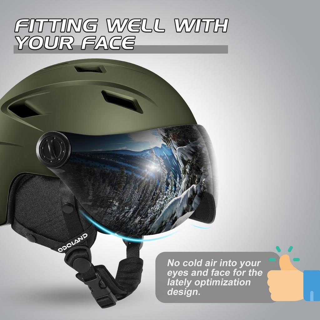 Odoland Лыжный шлем Визор Шлем для сноуборда Совместимый с очками OTG Поставляется с очками Регулируемый размер Взрослый Зеленый S Мужской Женский