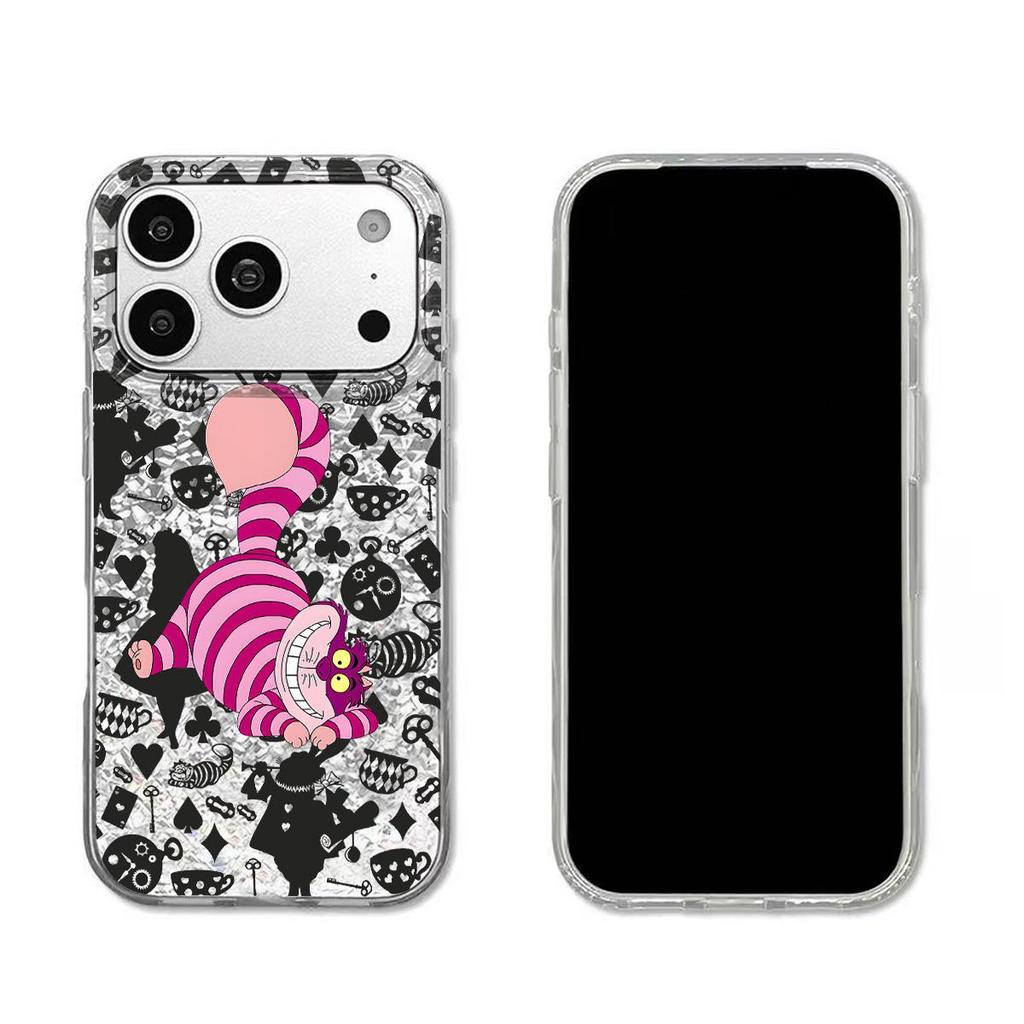 Чехол для iphone 15 13 14 XS Max 12 XR 16 Plus 17 Pro 18 Pro Max Air 11 Чеширский Кот Фэнтезийная Сцена Блеск Трещиноватый Фольга Акрил ТПУ Чехол для Телефона