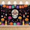 A day of dead sugar skull polyester background - vibrant floral design and cross, Mexican party decoration