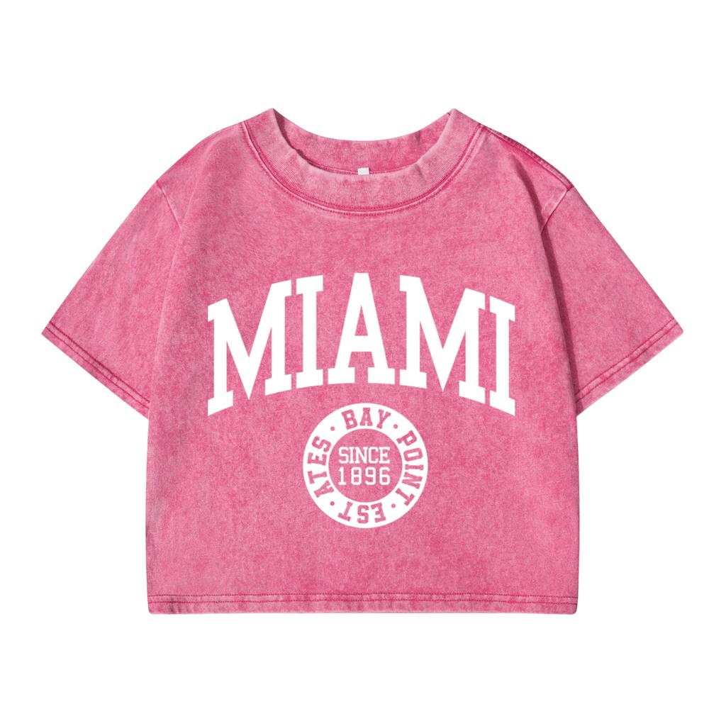 Women'S Cotton Washed T-Shirts Summer Distressed Regular Fit Crop Tops Miami, Usa Printing Short Sleeve Female Clothes