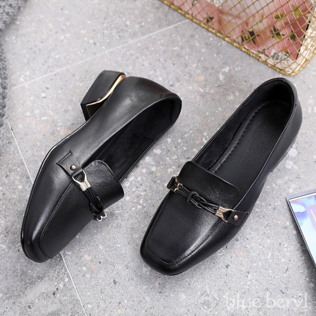 Blue Beryl Genuine Leather Loafers with Chunky 3cm and Square Women's Heels, Heels, Toes, Black, BB006-BK235