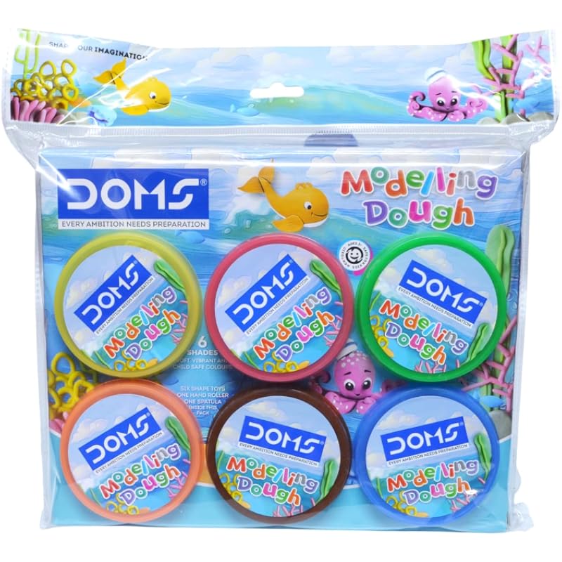 Doms Modelling Dough 6 Shades (300 Gm) |Soft, Colouful & Kneadable Dough |6 Shape Toys, One Roller, One Spatula | Diy Ar