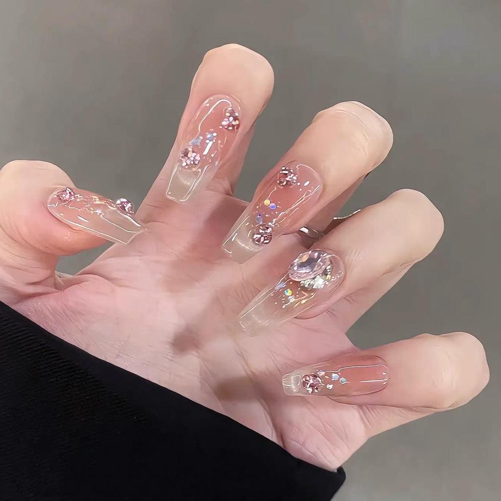 10-Piece Luxe Fake Nails: Blush & Glitter Press-On French Cat-Eye Tips for Seductive Style