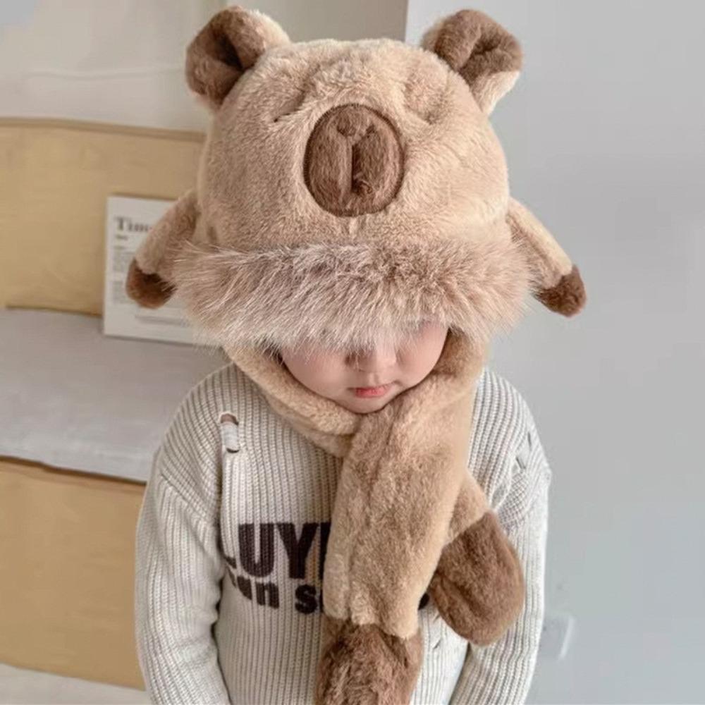 Movable Ears Capybara Hooded Scarf Windproof Plush Hat Scarf Set  Boys/girls