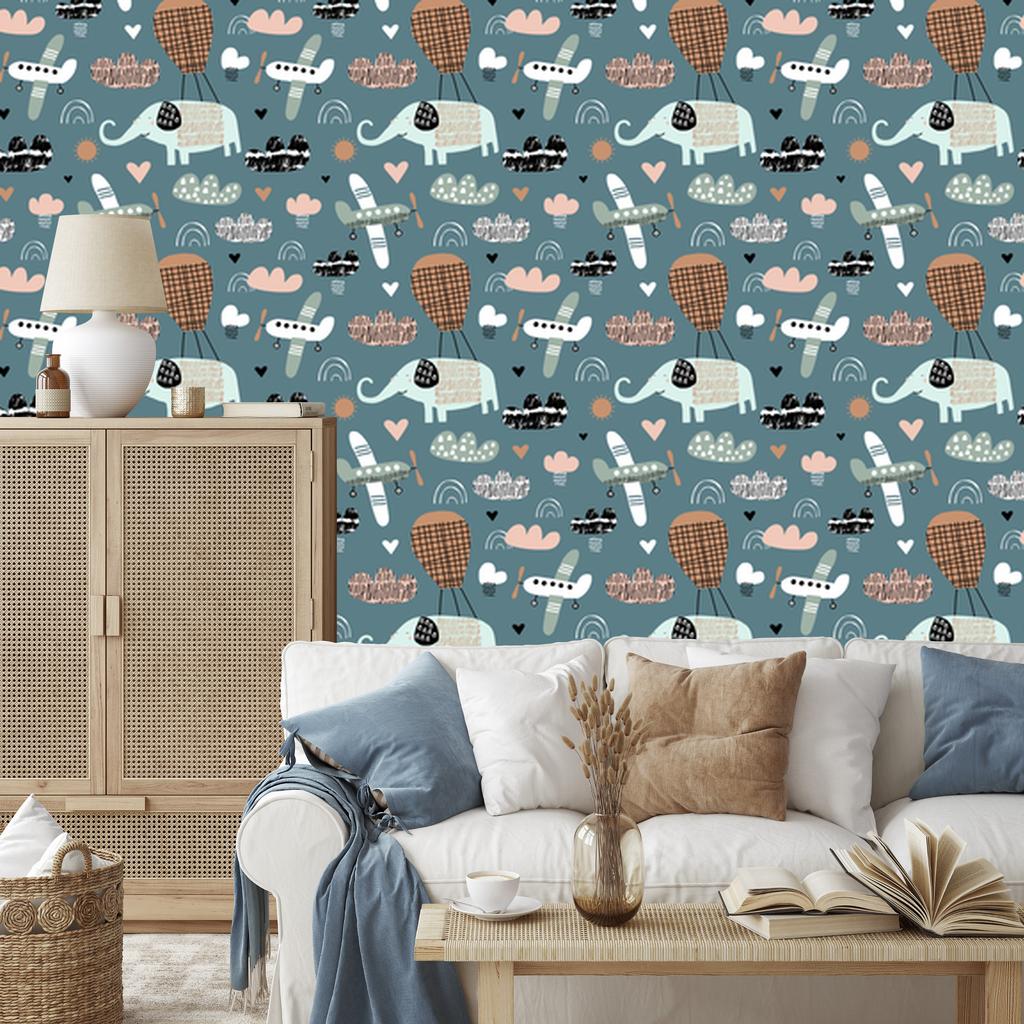 Wallpaper Elephants, planes and clouds in Scandinavian style 50x1000