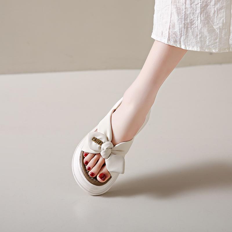 Женские милые тапочки с бантом, летние уличные нарядные с открытым носком, повседневные сандалии на толстой подошве для девочек, сандалии на платформе, большие размеры