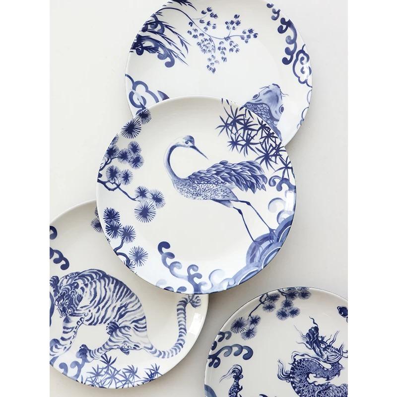 Десертные тарелки с китайскими расписными животными, винтажная сине-белая подглазурная керамическая тарелка, посуда для послеобеденного чая