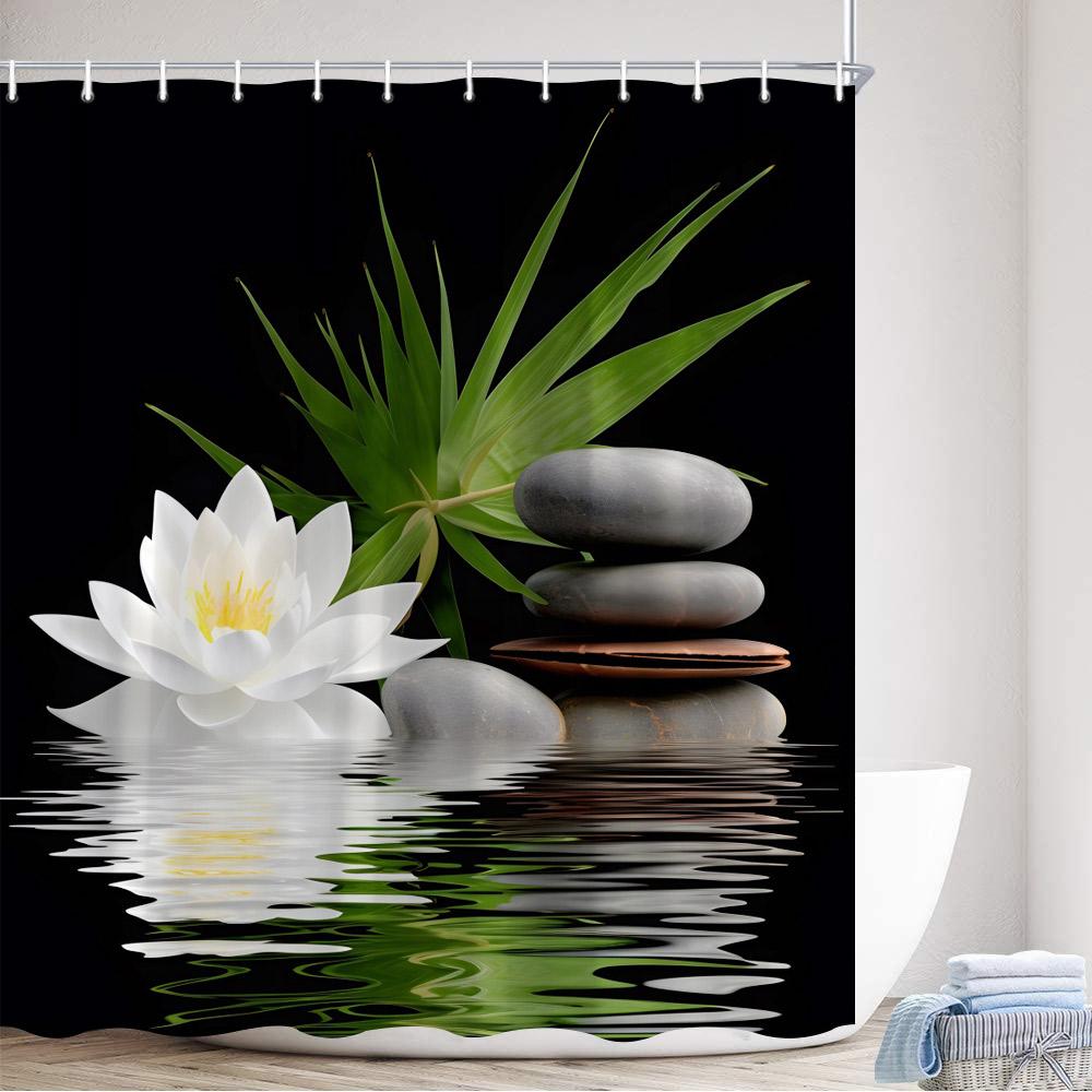 Шторка для душа Zen Lotus Водный Будда Медитация Черный Камень Капли Бабочка Черно-белый Декор Ванной Комнаты Полиэстер Шторка для Ванны