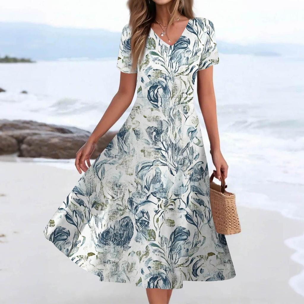 Женское летнее повседневное модное платье с принтом и карманом, коротким рукавом и V-образным вырезом