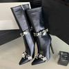 Eilyken Street Style Design CRYSTAL Женские сапоги до колена, сексуальные, с острым носком, на тонком каблуке, на молнии, для стриптиза, зимняя женская обувь