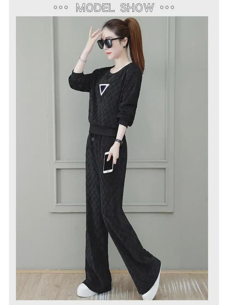 Women's Casual Sportswear Set: Spring/Autumn 2024, Fashionable Loose Fit, Large Size, Long-Sleeve Two-Piece Suit