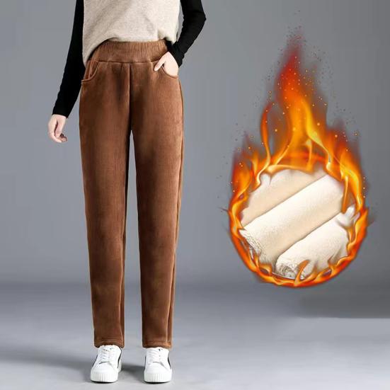 Прямые вельветовые брюки с высокой талией, эластичным поясом и карманами, женские осенне-зимние однотонные брюки на флисовой подкладке