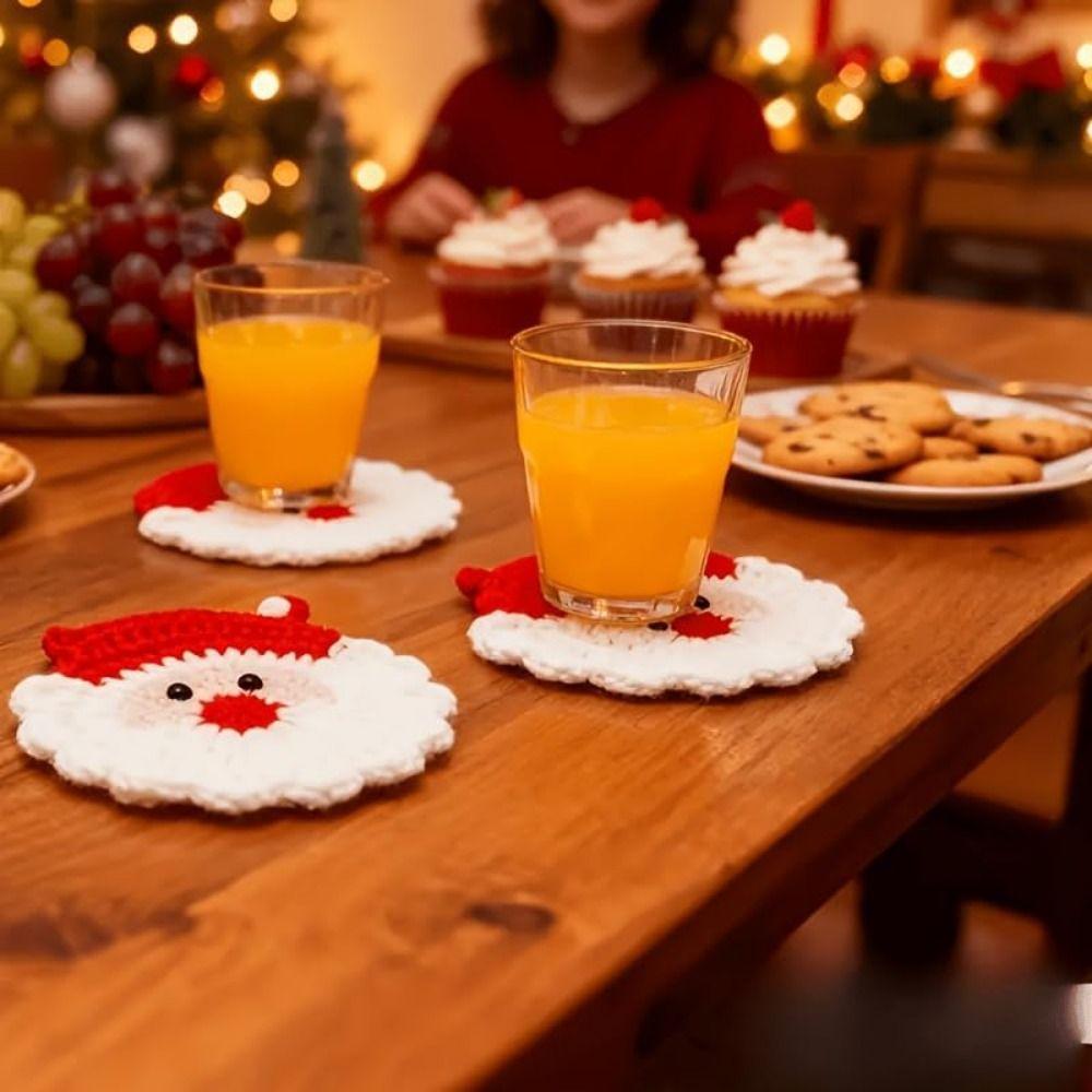 Handmade Fabric Drink Trays Durable Knitted Cup Coasters Festive Santa Claus Coasters  Christmas