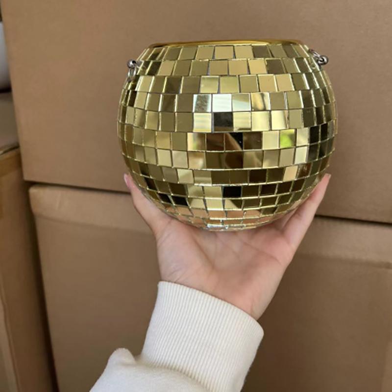 WTEMPO Disco Style Vase Succulent Plant Pots with Iron Chains Mirrored Flower Pots, Storage Hanging Baskets, Reflective Vintage Disco Ball Planters