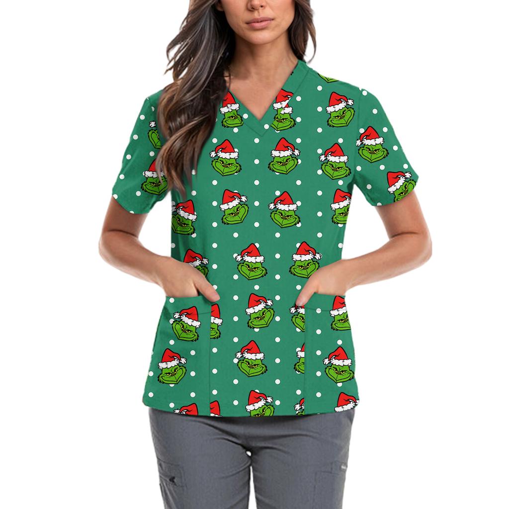 Женская милая блузка с принтом бантиков, рабочая одежда, V-образный вырез, двойной слой, карманы, базовая, с коротким рукавом, пуловер