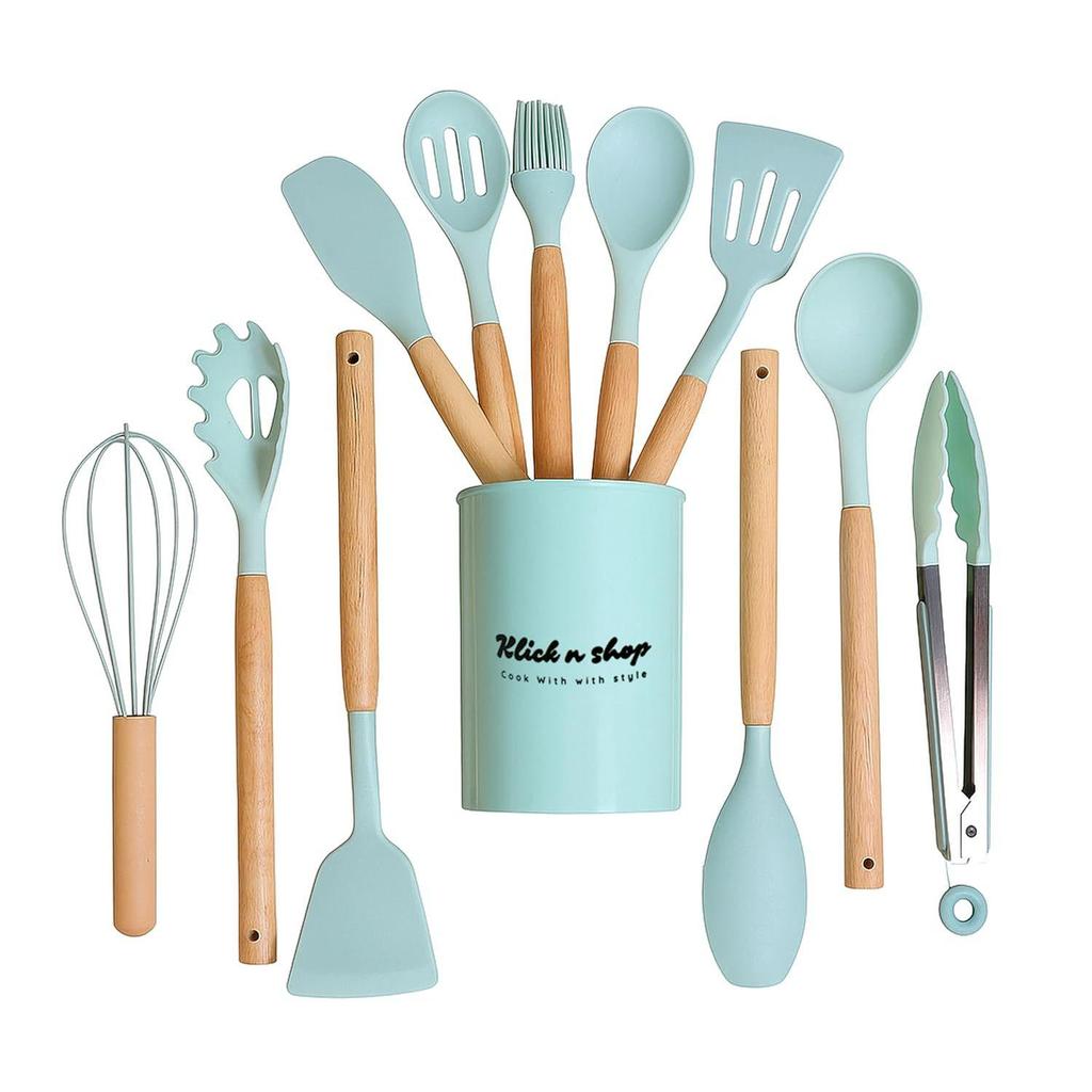12 Pc Silicone Kitchen Utensils & Spatula Set | Non-Stick Cooking & Baking Tools with Wooden Handle