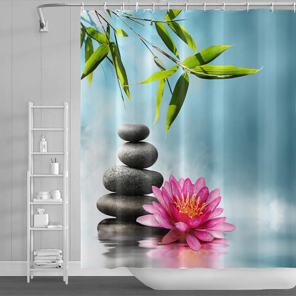 Spa Buddha Water Yoga Shower Curtain Rural Landscape Creek Stone Lotus Buddha Waterproof Polyester Bathroom Curtain With Hooks