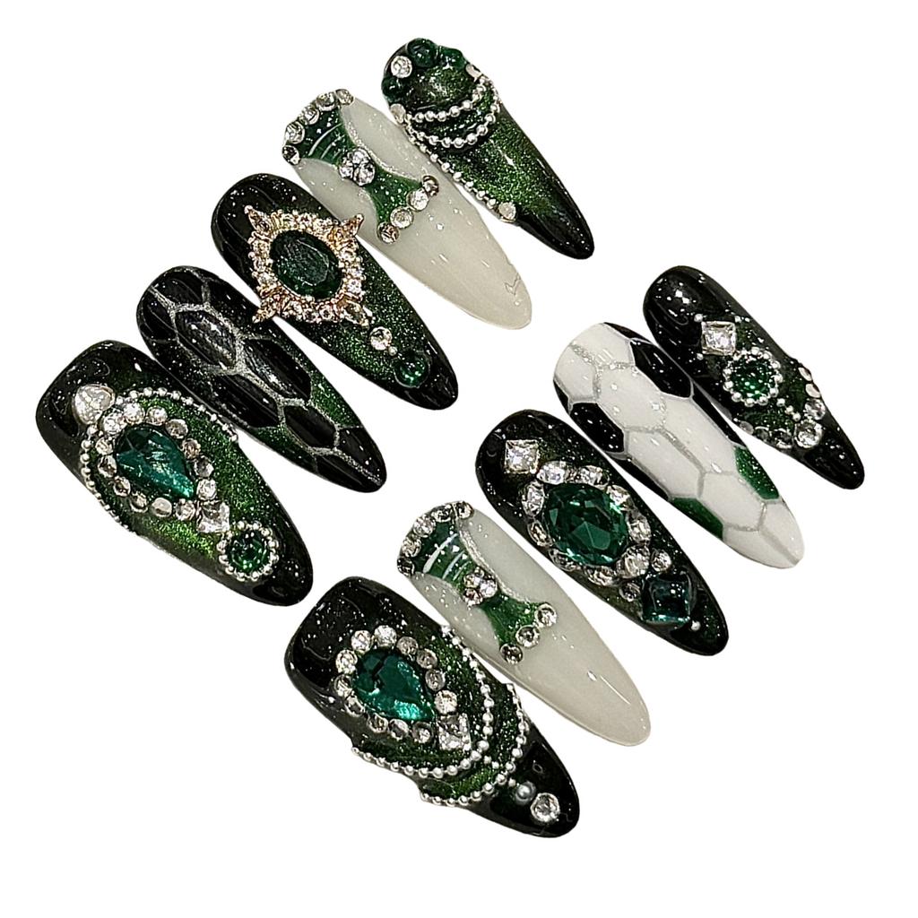 10Pcs Handmade False Nails Medium Long Pointy Style Emerald Green Color