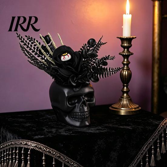Spooky Skull Figurine Figurine, Black Red Rose Creepy Eyeballs Skeleton Halloween Lightweight Decoration Table Centerpiece for Tabletop, Desk, Mantel,