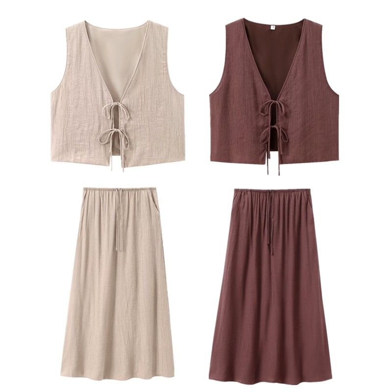 Fashion Style Summer New Women's Stripes Pleated Casual Lace Up Vest High Waist Skirt 8338772 753