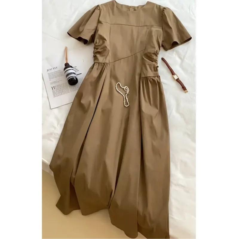 Женское летнее однотонное элегантное платье с круглым вырезом, простые длинные платья для поездок на работу