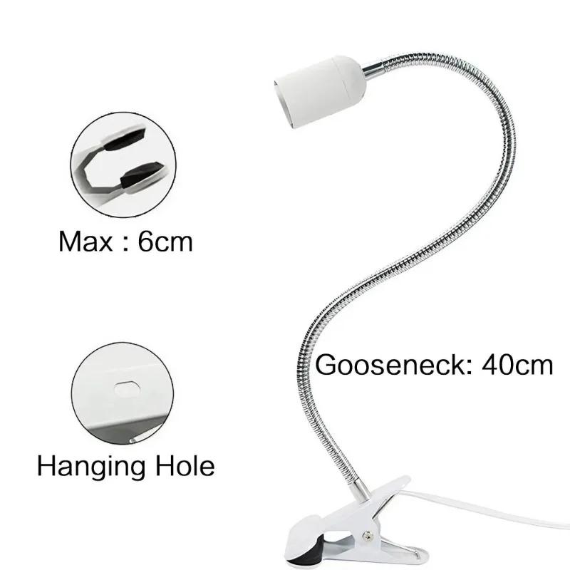 40cm EU US Plug 360 Degree Flexible Desk Lamp Holder E27 Light Base Socket Gooseneck Clip-on Cable with Power On Switch for Home