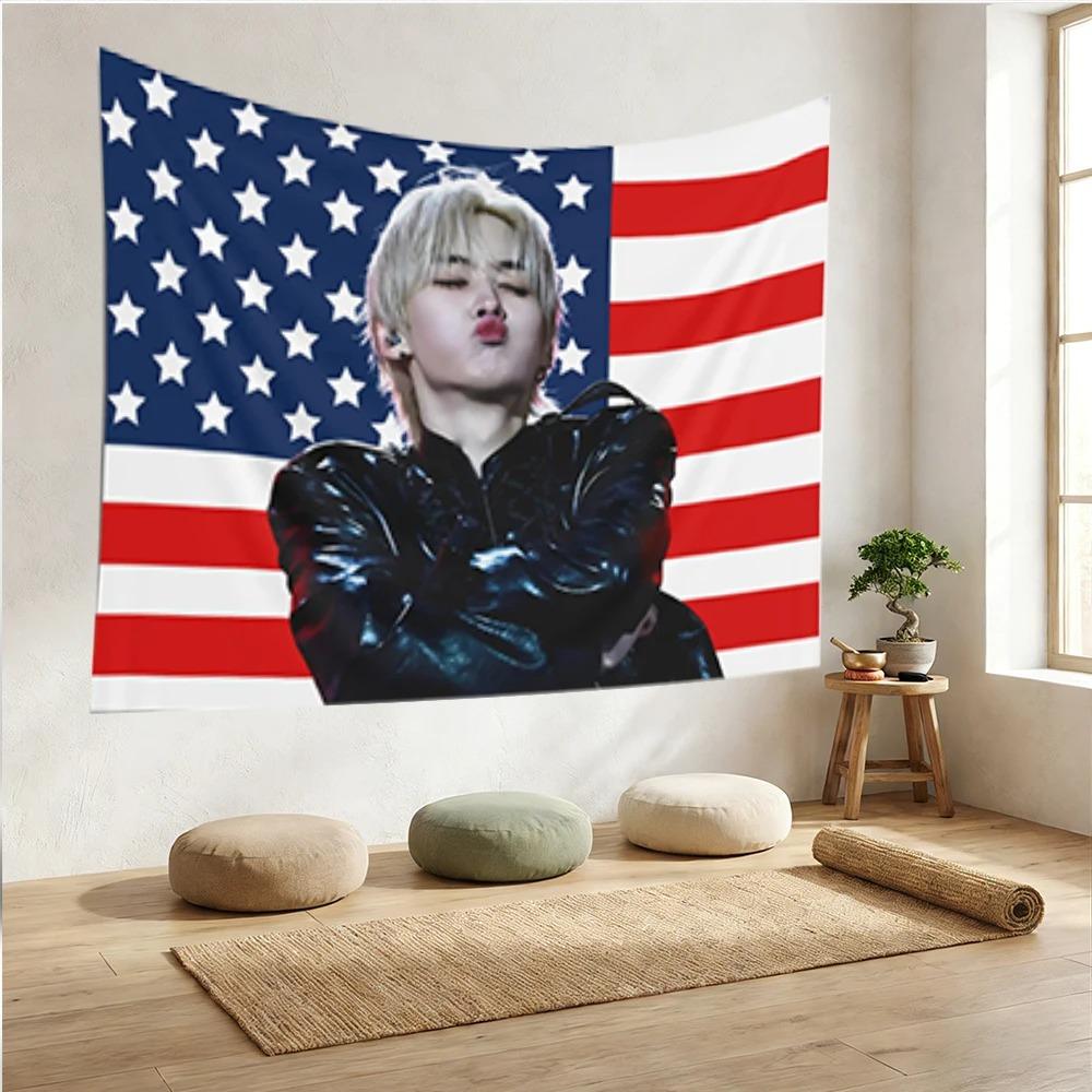 KPop Идол Флаг США Гобелен Черный Кожаный Наряд Принт Полиэстер Настенный Подвесной Веер Тематический Домашний Декор для Спальни Общежития