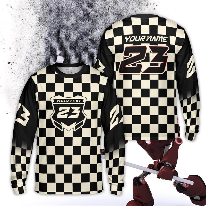 Personalized Color Checkered Motocross Long Sleeve Shirt Custom Rider Name Dirt Bike 3D Printed T Shirts Loose