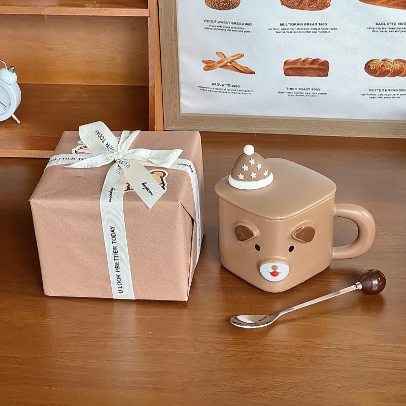 Birthday Gift for Girls, Bear with Lid Spoon, Ceramic Mug, Couple Coffee, Water Cup, Gift