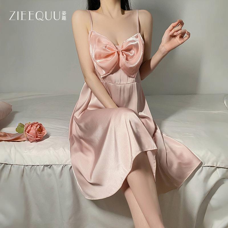 Sexy Bow Long Dress Back Hollow Suspender Large Size Pajama Skirt Pure Desire Satin Loungewear Women