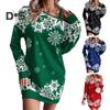Women Fall Winter Dress Hollow Out One Shoulder Loose Snowflake Print Color Matching Christmas Style Long Sleeve Above Knee Length Mini Dress