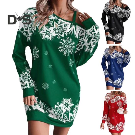 Women Fall Winter Dress Hollow Out One Shoulder Loose Snowflake Print Color Matching Christmas Style Long Sleeve Above Knee Length Mini Dress