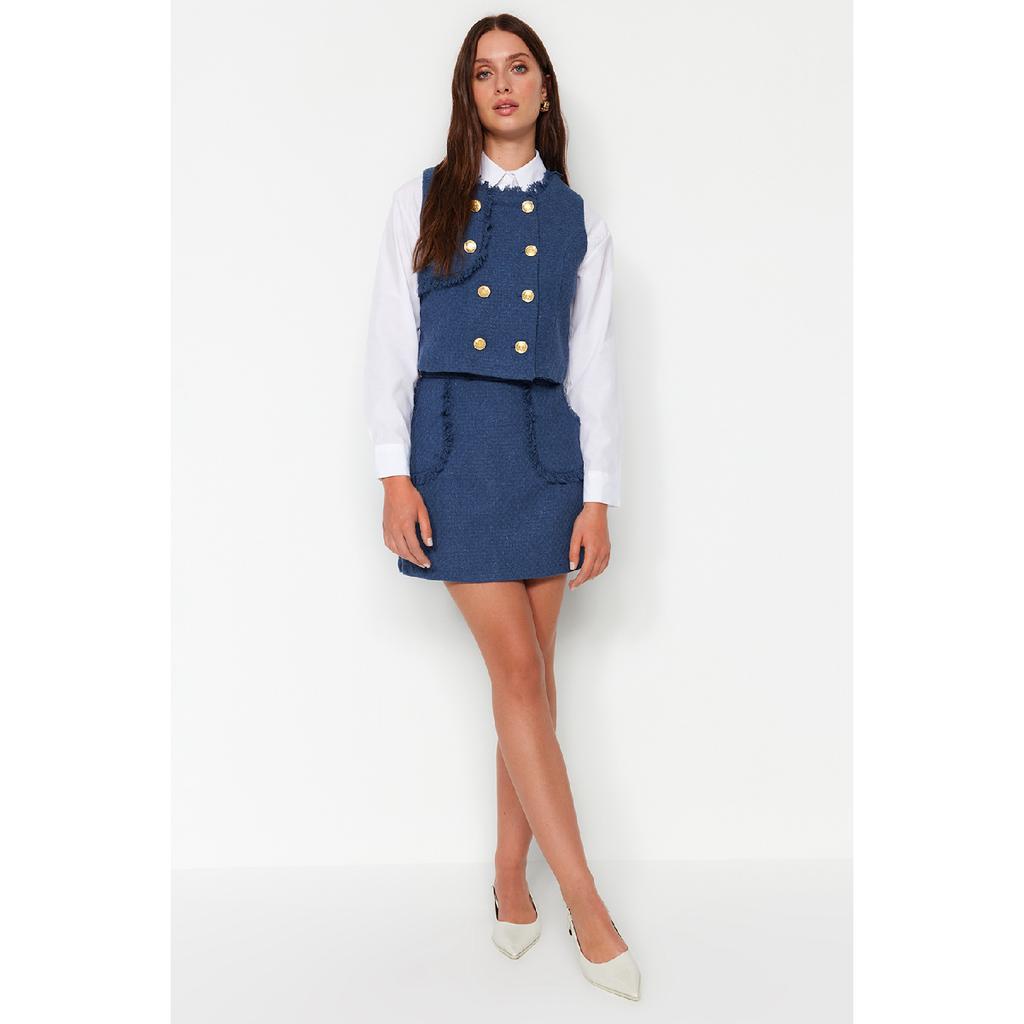 Мини-тканая юбка из твидовой ткани индиго с кисточками Twoaw24et00204