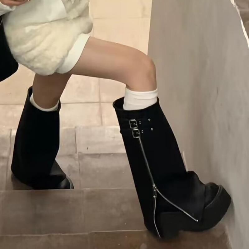 Winter Women Biker Boots Fashion Belt Buckle Ladies Platform Wedge Heel Long Pipe Booties Casual Women's Knee High Booties Q121