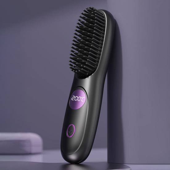 Cordless Hair Straightener Brush 3 Temperature Adjustable LED Display Mini Hair Straightening Comb USB Rechargeable Fast Heating Electric Hot Brush