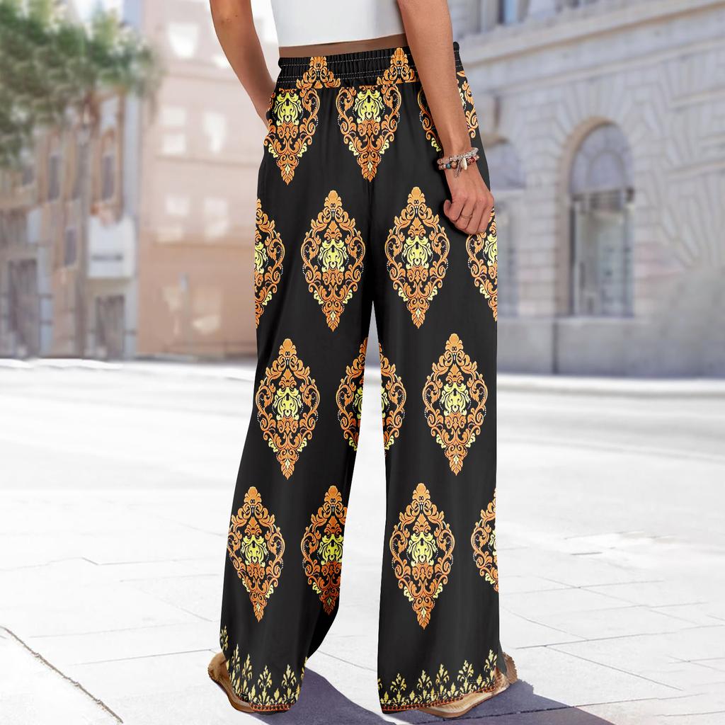 Women Summer Boho Palazzo Pants High Waist Wide Leg Floral Printing Casual Trousers With Pockets