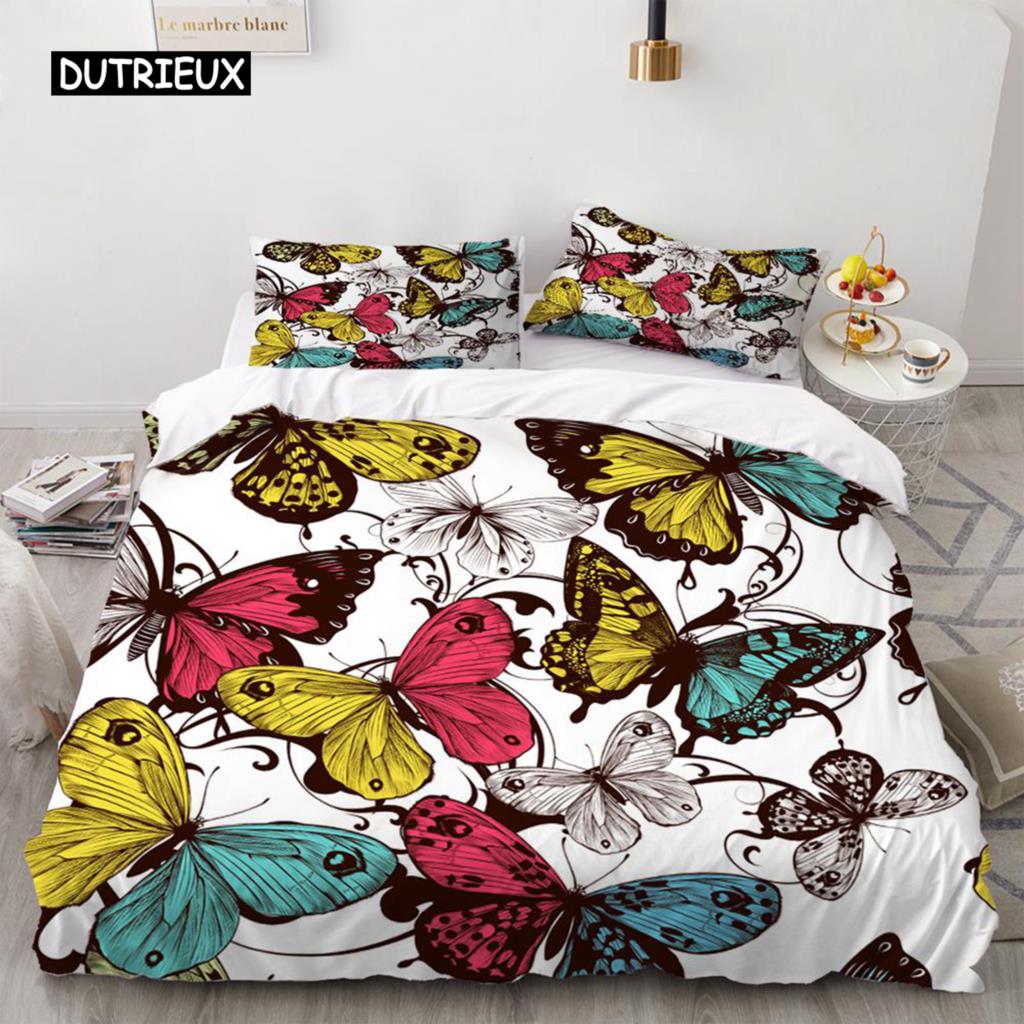 Комплект постельного белья с бабочками, комплект постельного белья с 3D-принтом в виде фиолетовой бабочки и цветочным принтом, фантазийная тема, одеяло размера «king size» для девочки